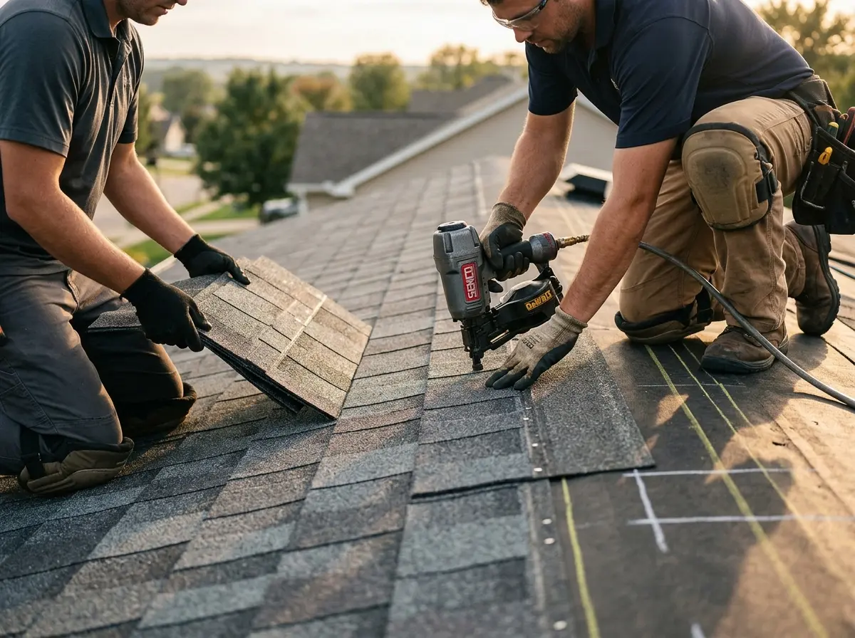 Professional roofer working on a residential roof in Jamestown